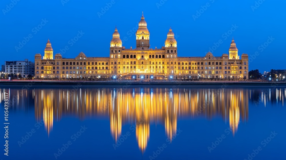 Naklejka premium Illuminated Palace Reflection in Still Water at Dusk