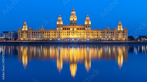 Illuminated Palace Reflection in Still Water at Dusk