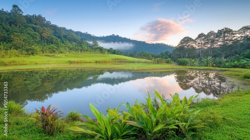 A tranquil pond reflects the sky and mountain range in a lush green valley at dawn.