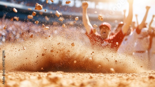 A player celebrating a victory in a baseball game, surrounded by flying dirt and an enthusiastic crowd in the background.