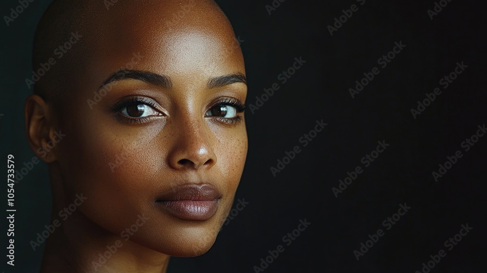 Portrait of a dark-skinned woman suffering from cancer after severe hair loss due to chemotherapy treatment