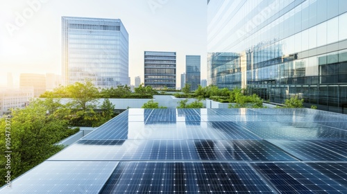 A modern urban landscape featuring solar panels on rooftops surrounded by greenery and contemporary buildings, highlighting sustainability and innovation.