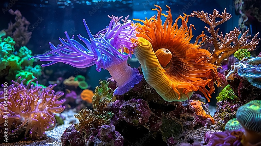 Vibrant purple and orange anemones in a saltwater aquarium. Vibrant purple and orange anemones in a saltwater aquarium.