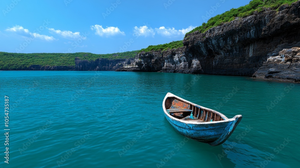 Tranquil Boat in Turquoise Bay with Green Cliffs and Blue Sky Tranquil Boat in Turquoise Bay with Green Cliffs and Blue Sky