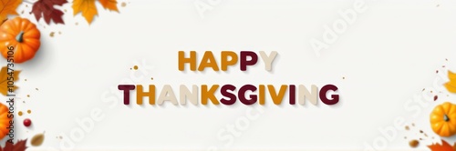 Stylish happy thanksgiving banner with trendy fonts on a clean background, framed by vibrant autumn tones and minimalist pumpkins and leaves.