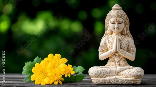 Meditation Statue with Yellow Flowers on Wooden Table and Green Background