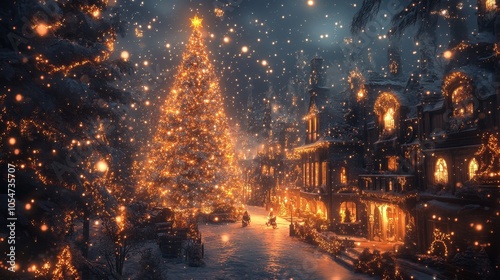 A festive Christmas celebration with colorful decorations, sparkling lights, and magnificent Christmas trees. This scene captures the joy and warmth of the festival