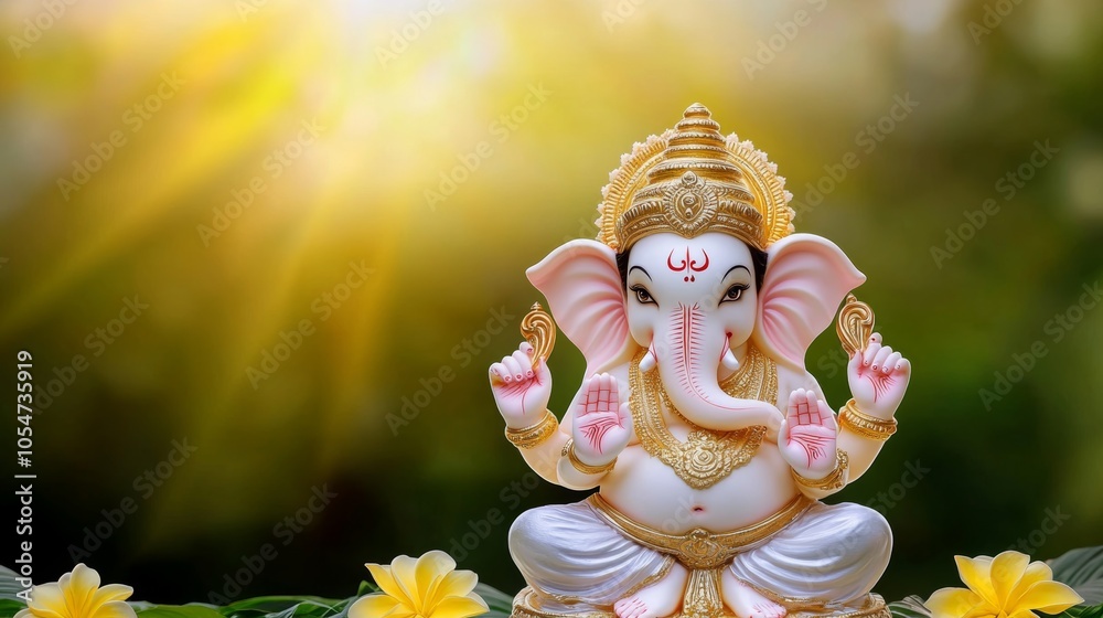 Ganesha Hindu God Statue with Flowers and Sun Rays