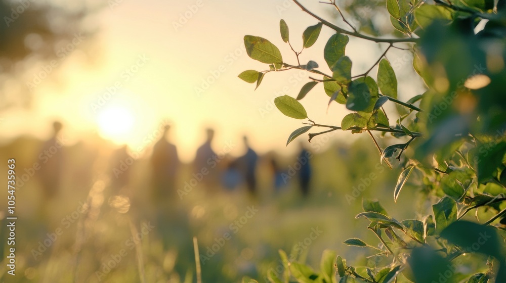 A serene sunset scene with silhouettes of people in the background, surrounded by greenery, capturing a moment of nature and togetherness. A serene sunset scene with silhouettes of people in the background, surrounded by greenery, capturing a moment of nature and togetherness.