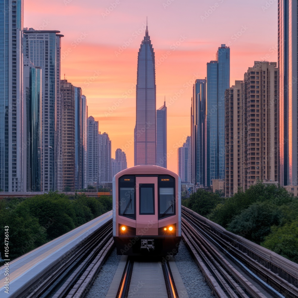 Naklejka premium A pink train approaches a modern skyline during sunset.