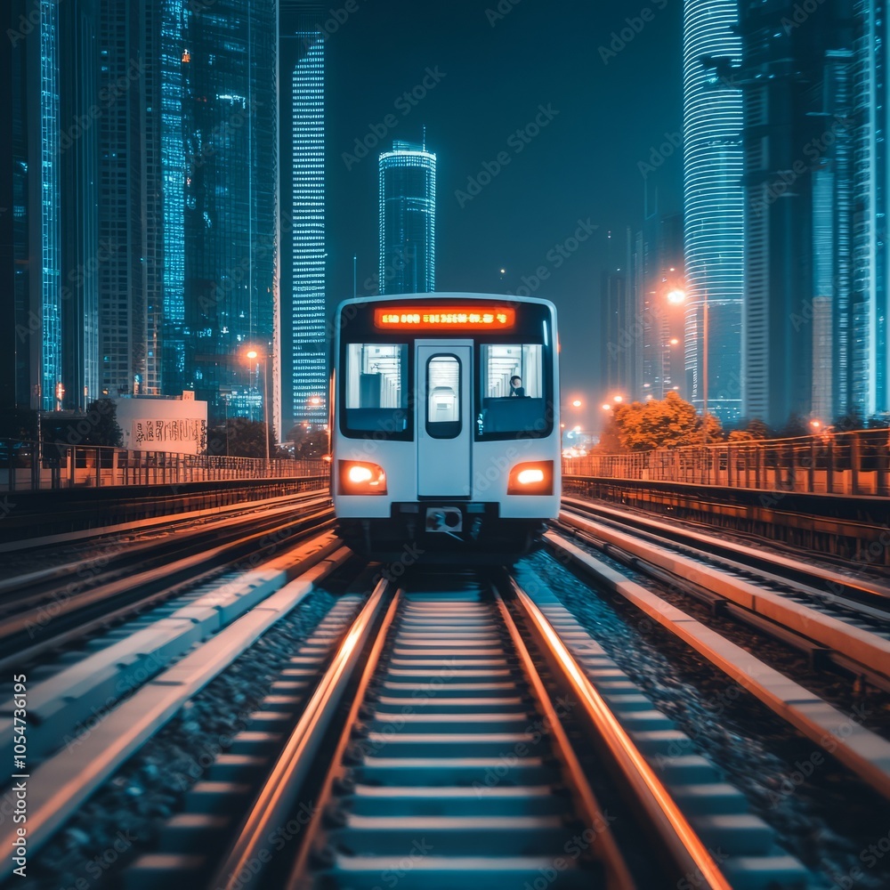 Fototapeta premium A modern train approaches through illuminated city tracks at night.
