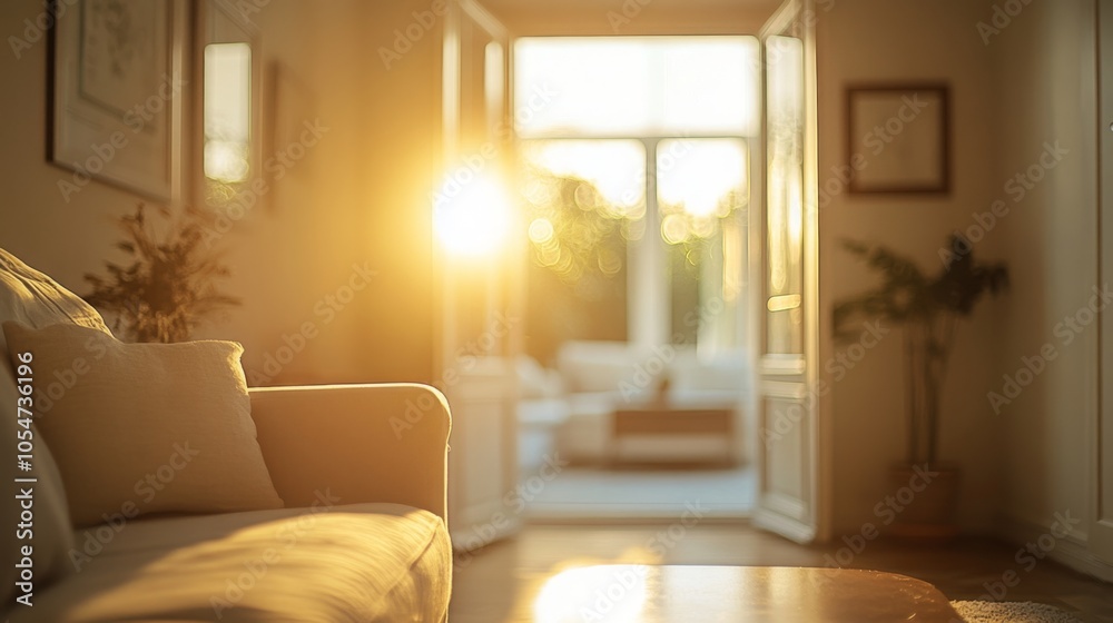 Fototapeta premium Door opening into bright living area, soft colors, cozy couch, coffee table, natural light, blurred background details, spacious feel.