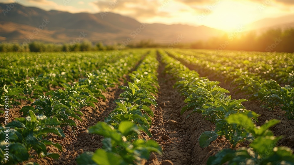 Rows of green crops thriving in a field at sunrise, with mountains in the background, capturing the beauty of agriculture and nature. Rows of green crops thriving in a field at sunrise, with mountains in the background, capturing the beauty of agriculture and nature.