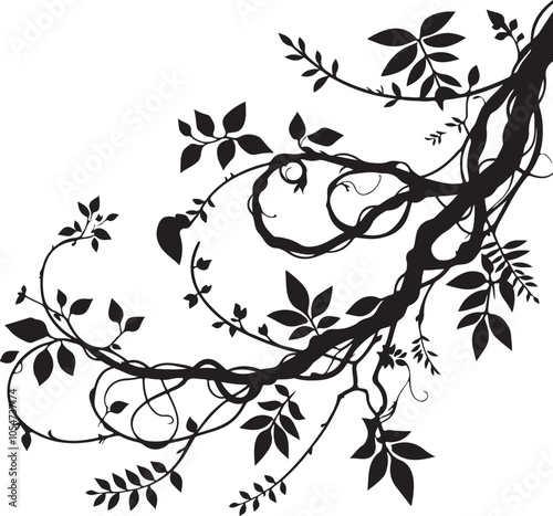 tropical jungle forest liana branch silhouette vector art illustration