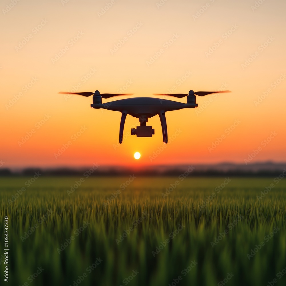 A drone flying over a lush field at sunset. A drone flying over a lush field at sunset.
