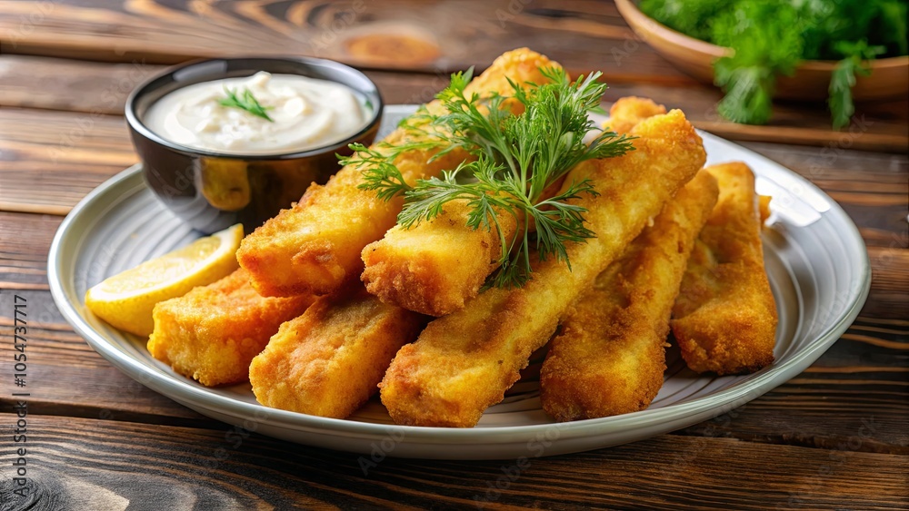 Golden Crispy Fried Sticks Served with Creamy Sauce and Lemon Wedge on Rustic Wooden Surface Golden Crispy Fried Sticks Served with Creamy Sauce and Lemon Wedge on Rustic Wooden Surface