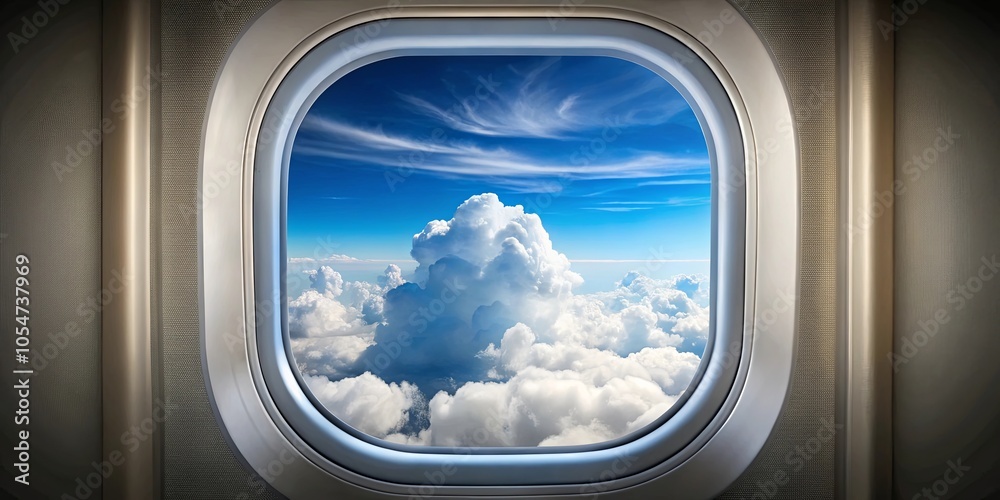 A glimpse of fluffy clouds and a boundless sky through an airplane window, revealing the beauty of aerial perspective. A glimpse of fluffy clouds and a boundless sky through an airplane window, revealing the beauty of aerial perspective.