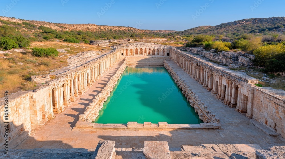 Fototapeta premium Ancient Roman Pool with Columns and Blue Water in Turkey