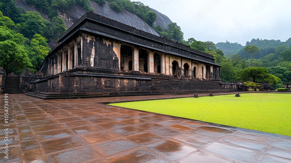 Obraz premium Ancient Sri Lankan Temple Stone Architecture Green Grass Ruins Historic Building