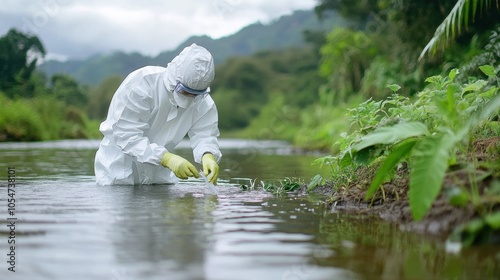 A person in a protective suit is inspecting vegetation in a river, emphasizing environmental safety and conservation efforts.