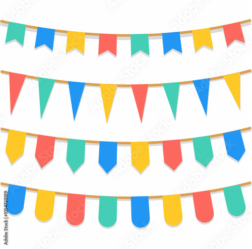 Colorful bright flags. Vector pennant isolated on white background. Decorative colorful party pennants for birthday celebration, carnival, holiday and festival. Vector elements.