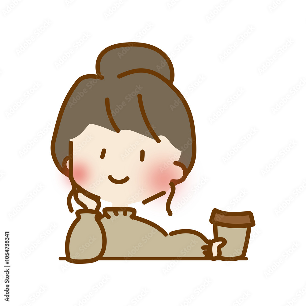 Obraz premium 横にコーヒーをそっとよけるゆるくて可愛い女の子