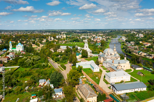 View from drone of ancient monastery Novotorzhsky Borisoglebsky Monastery, Torzhok, Russia photo