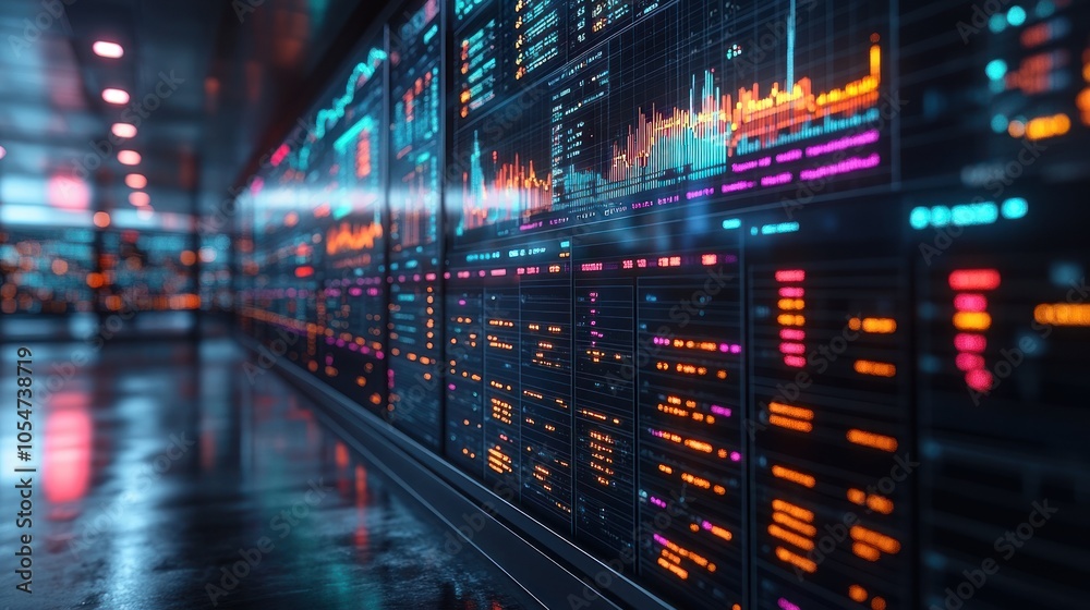 Data visualization on a digital display in a tech environment. Data visualization on a digital display in a tech environment.