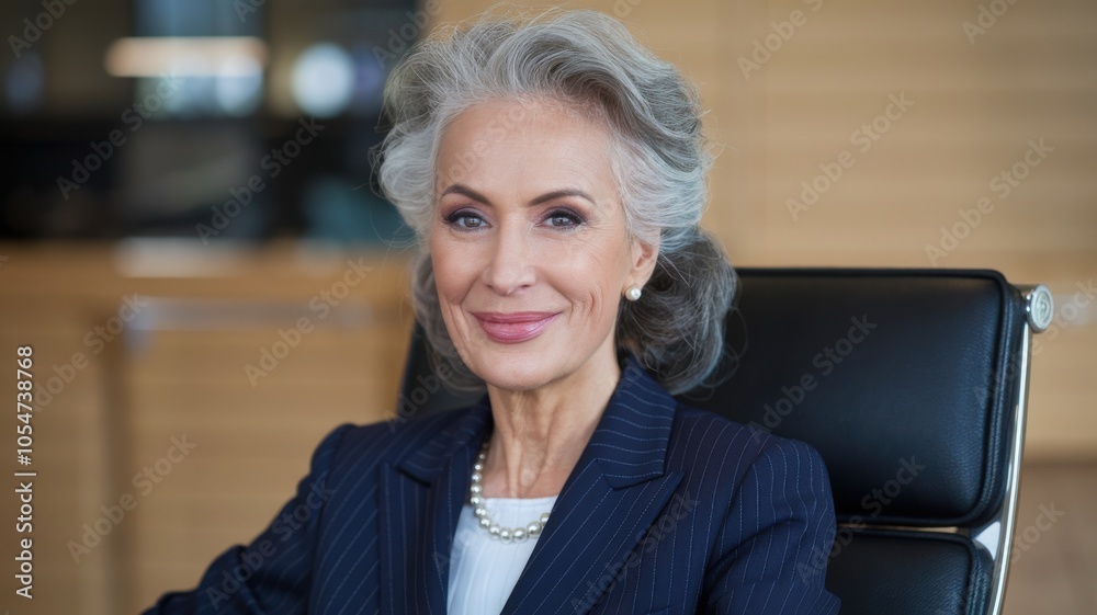 Confident mature businesswoman sitting in an office chair, bright background. Confident mature businesswoman sitting in an office chair, bright background.