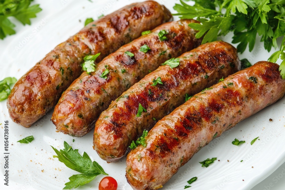 Four Grilled Sausages with Parsley on a White Plate Four Grilled Sausages with Parsley on a White Plate