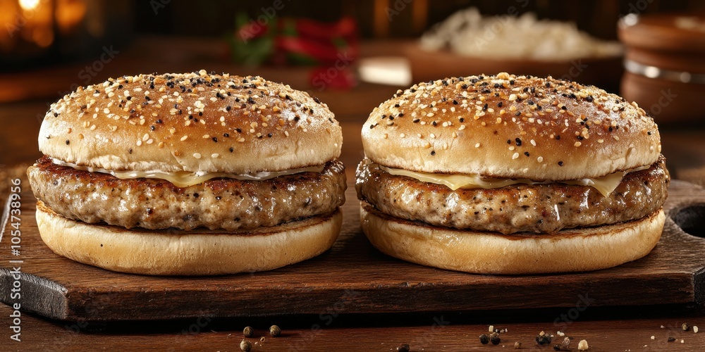 two hamburgers on a wooden board two hamburgers on a wooden board