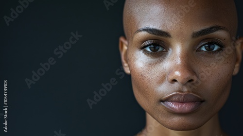 Portrait of a dark-skinned woman suffering from cancer after severe hair loss due to chemotherapy treatment