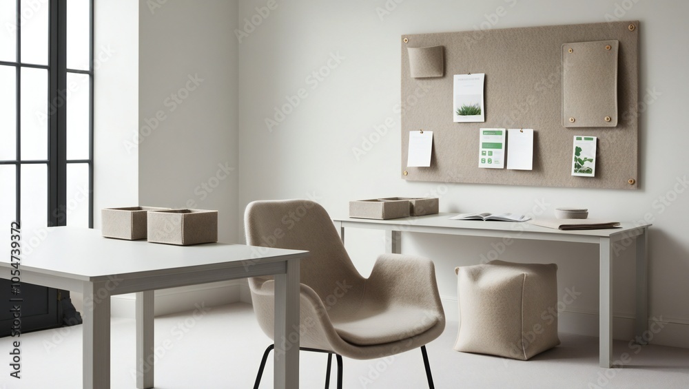 This is an image of an office space. The office has a white desk and a chair. There are two boxes on the desk. The wall behind the desk has a bulletin board with notes. There is a pillow on the floor.