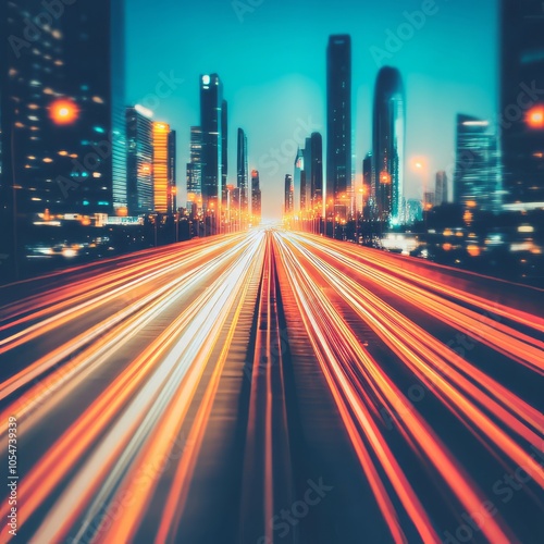 A vibrant cityscape at night with light trails from moving vehicles.