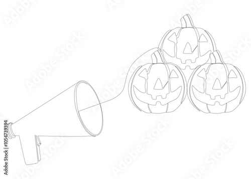 One continuous line of Megaphone with Halloween Jack O' Lantern pumpkin. Thin Line Illustration vector concept. Contour Drawing Creative ideas.