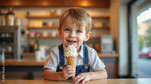 A smiling young boy with blond hair enjoying an ice cream cone in an ice cream shop or parlor.  He is wearing a white shirt and denim overalls. Natural window light.