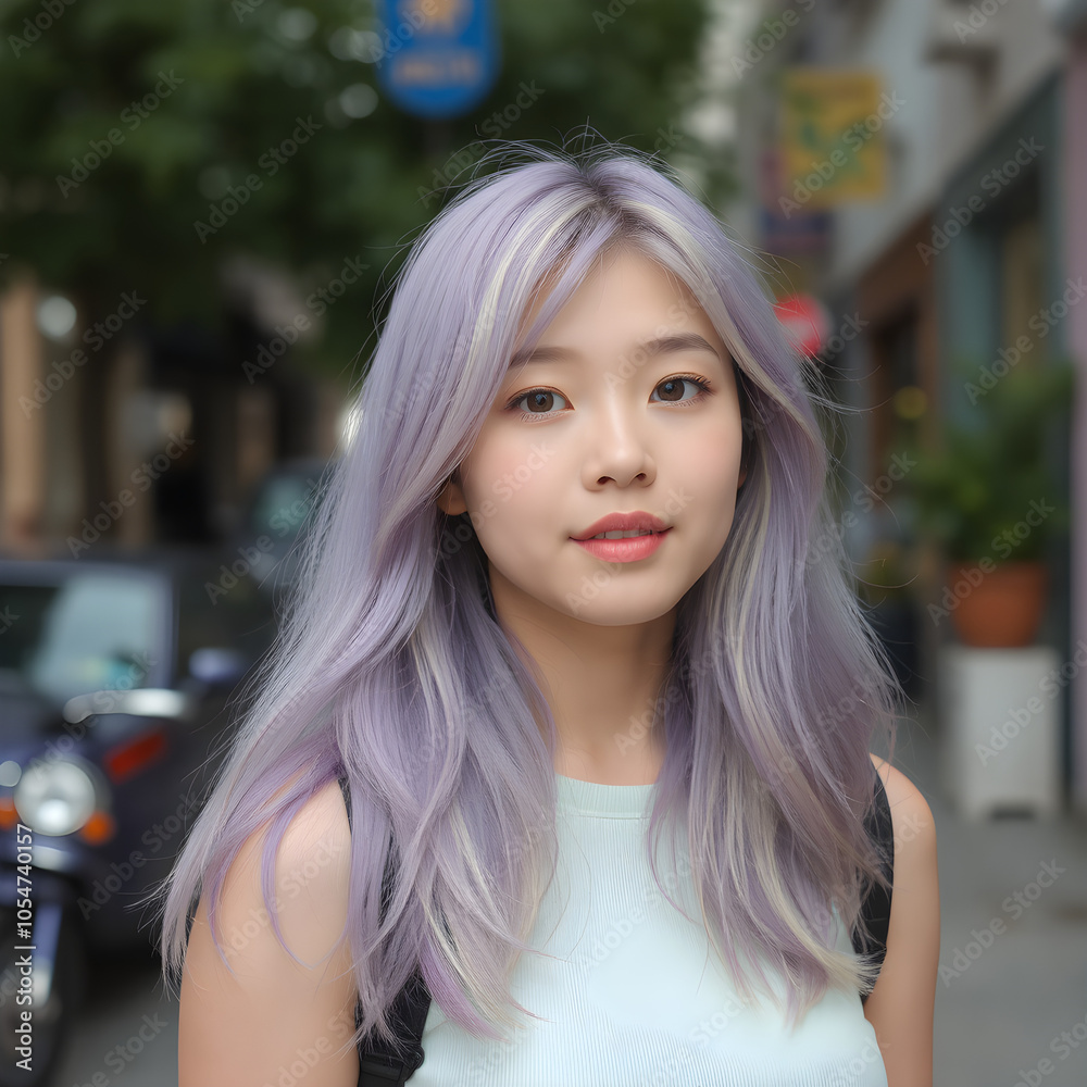 A portrait of an Asian woman with flowing two-tone hair in bright colors. A portrait of an Asian woman with flowing two-tone hair in bright colors.