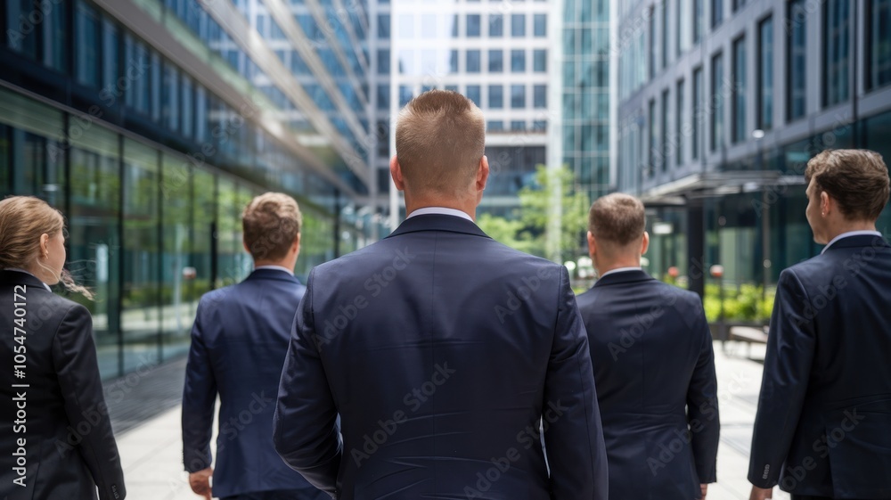 Group of professionals walking together in a modern urban environment. Group of professionals walking together in a modern urban environment.