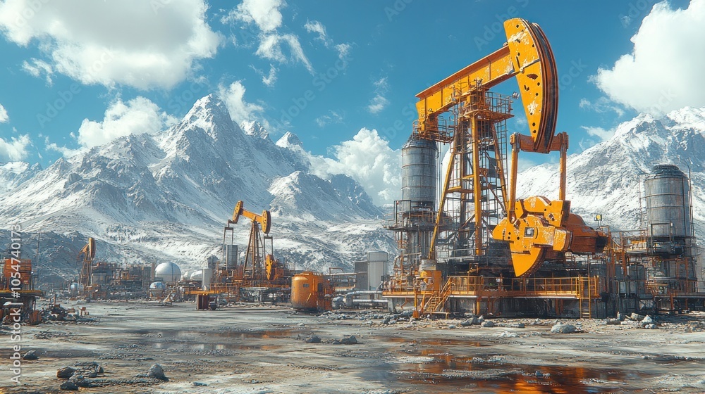 Industrial landscape with oil rigs and mountains in the background. Industrial landscape with oil rigs and mountains in the background.