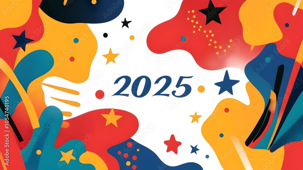Fototapeta premium Minimalist modern design with a stylized geometric 2025 accented by minimalist line art of champagne glasses and sparkling stars creating a clean