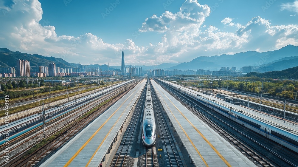 Fototapeta premium Overlooking China's modern high-speed railway station from the sky, the neatly arranged high-speed trains on the platform appear magnificent and spectacular under the blue sky and white clouds