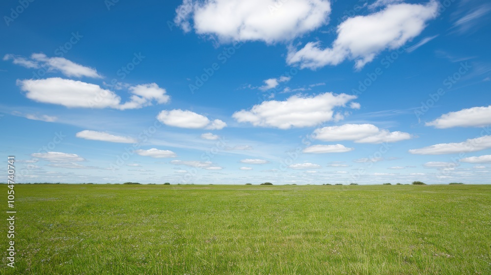 Lush green field under a bright blue sky with fluffy white clouds. Lush green field under a bright blue sky with fluffy white clouds.