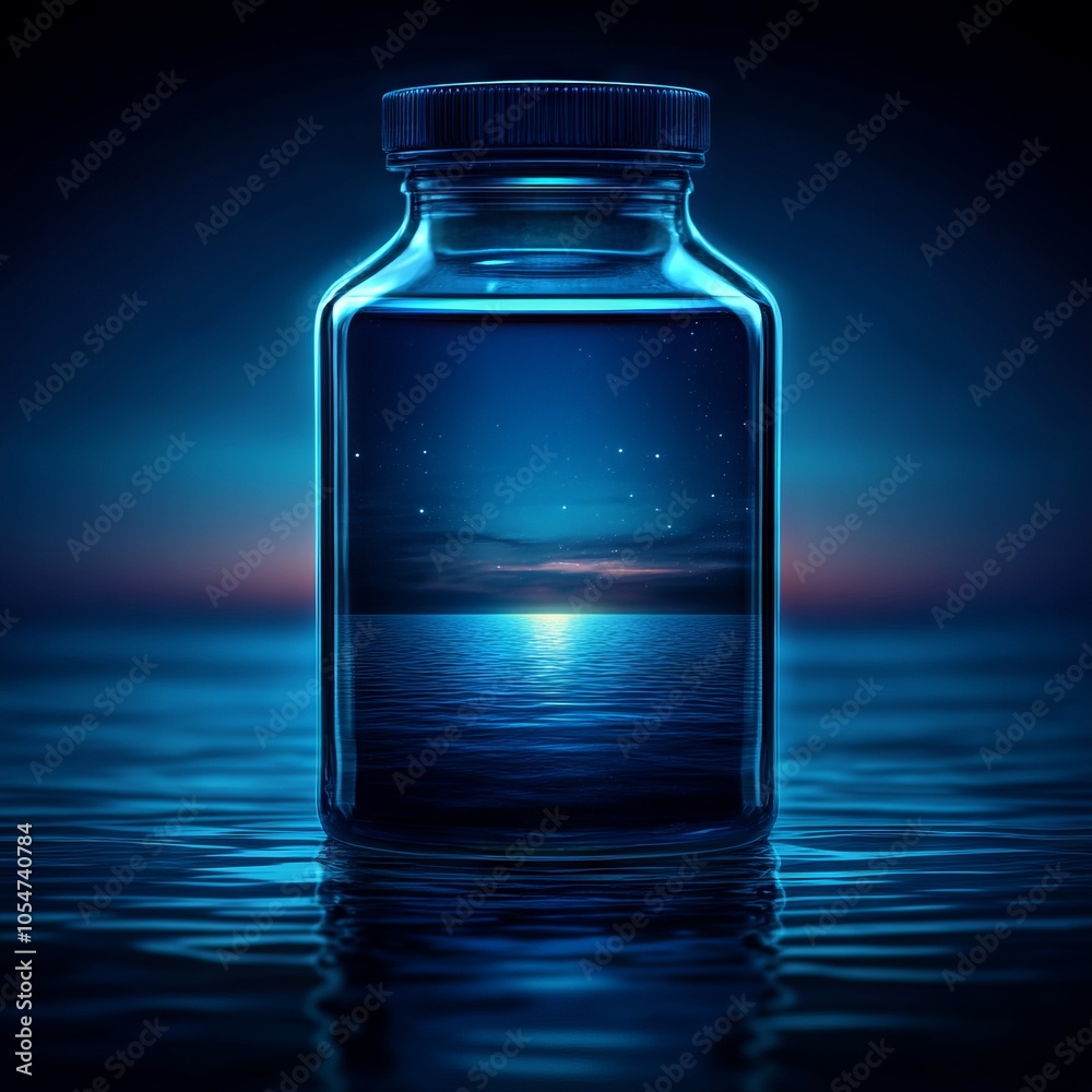 A glass jar containing a serene ocean scene under a starry sky. A glass jar containing a serene ocean scene under a starry sky.