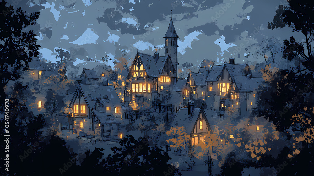 Obraz premium Creepy and spooky fantasy village, concept art, generative ai. Fantasy Village. Illustration
