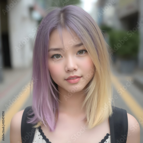 A portrait of an asian young woman with pretty two-toned hair