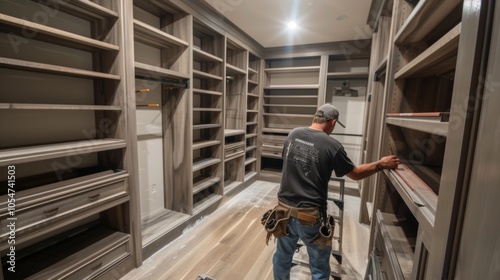 A builder putting the finishing touches on the enormous walkin closet with custom builtins ensuring that every detail of the home exudes luxury.