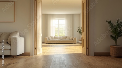 Wallpaper Mural Pushed door revealing modern living area, blurred background, soft couch, wooden furniture, airy and bright interior, empty wall space. Torontodigital.ca