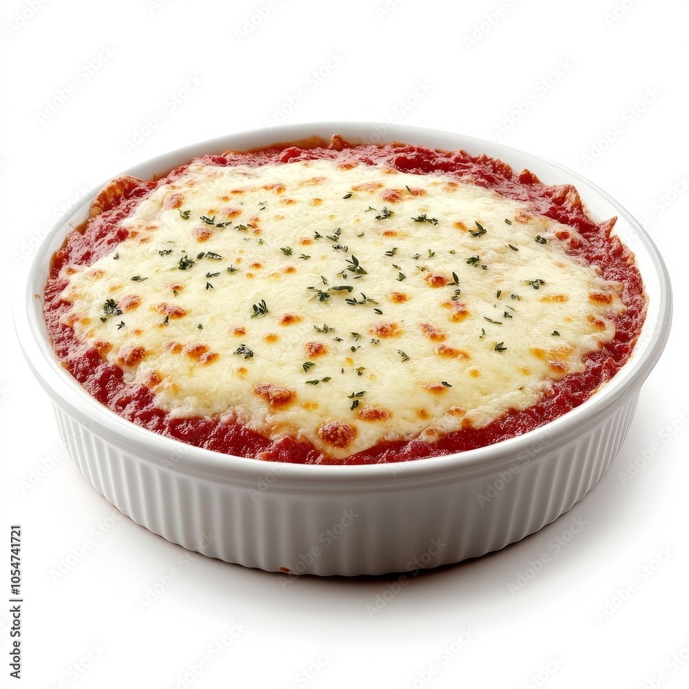 A baked dish with melted cheese and herbs on top, served in a round dish. A baked dish with melted cheese and herbs on top, served in a round dish.