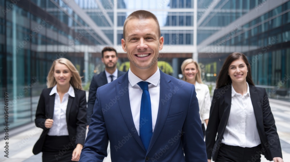 Professional team walking confidently in the city, modern office background. Professional team walking confidently in the city, modern office background.