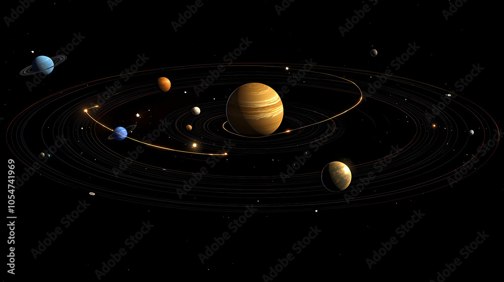 Obraz premium Detailed map of our solar system with planets in alignment. Solar System Map. Illustration